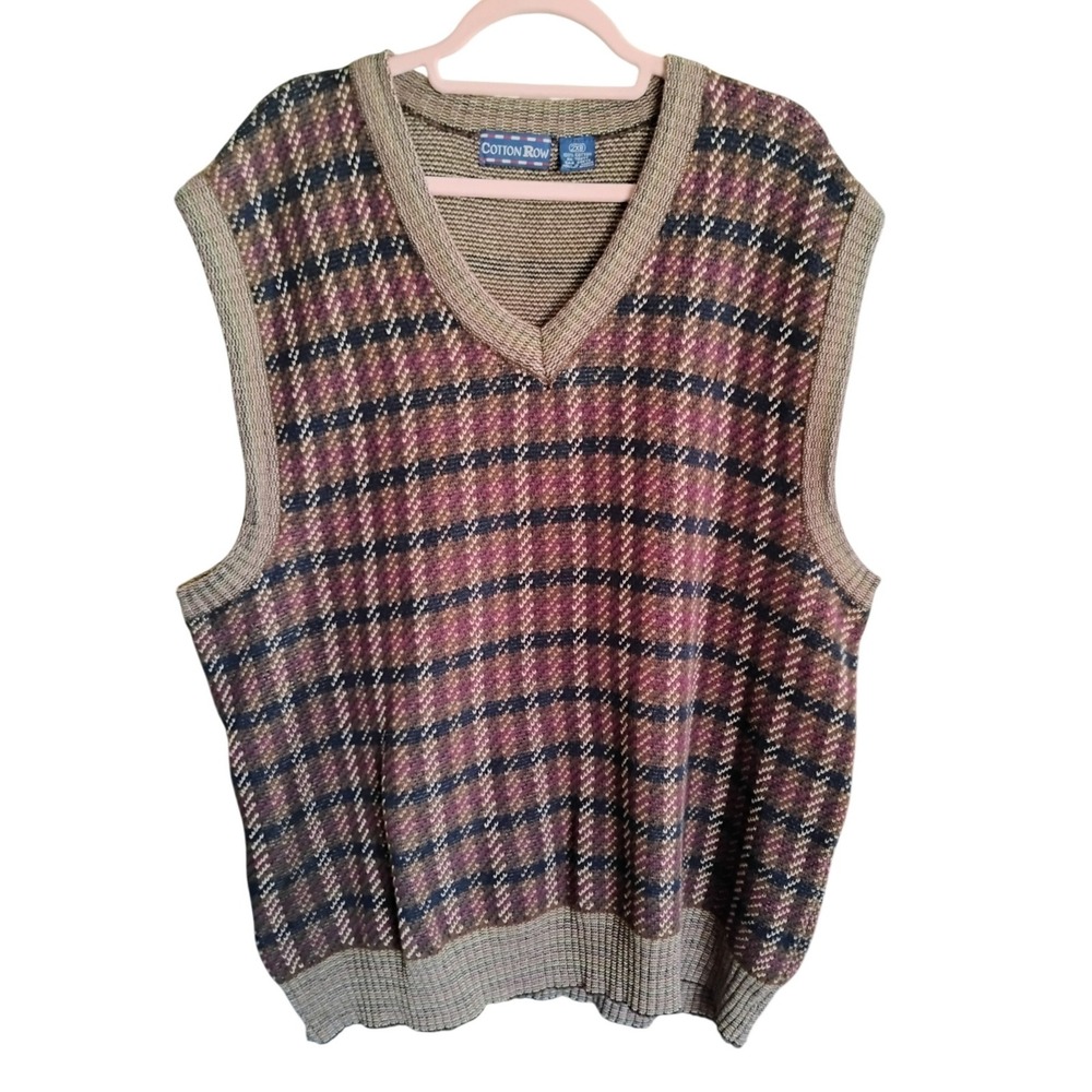 VTG Cotton Row Sweater Vest 2XB Plaid Grandpacore V-Neck 100%‎ Cottom Big Tall